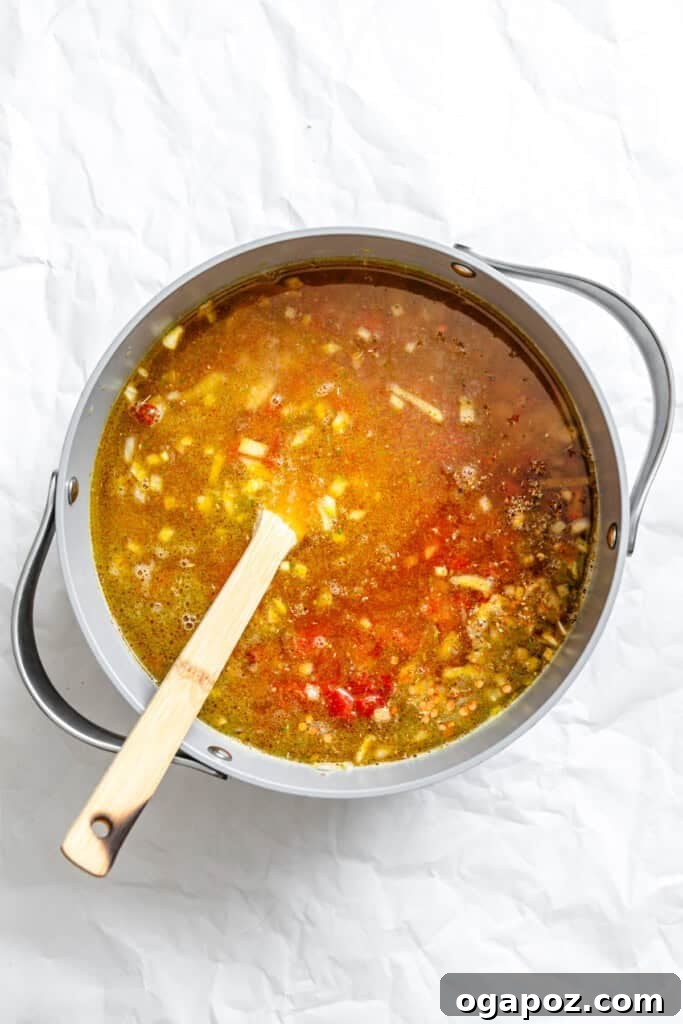 Hearty Lentil Chili 7 A large pot of Lentil Bean Chili simmering on the stovetop, rich in color and texture.