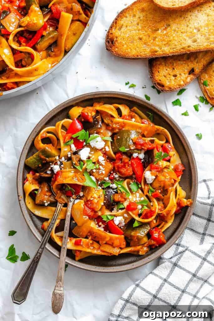 Provencal Garden Pappardelle 6 A close-up of Ratatouille Pappardelle in a bowl, showing the texture of the sauce and pasta, elegantly presented and ready to be served.