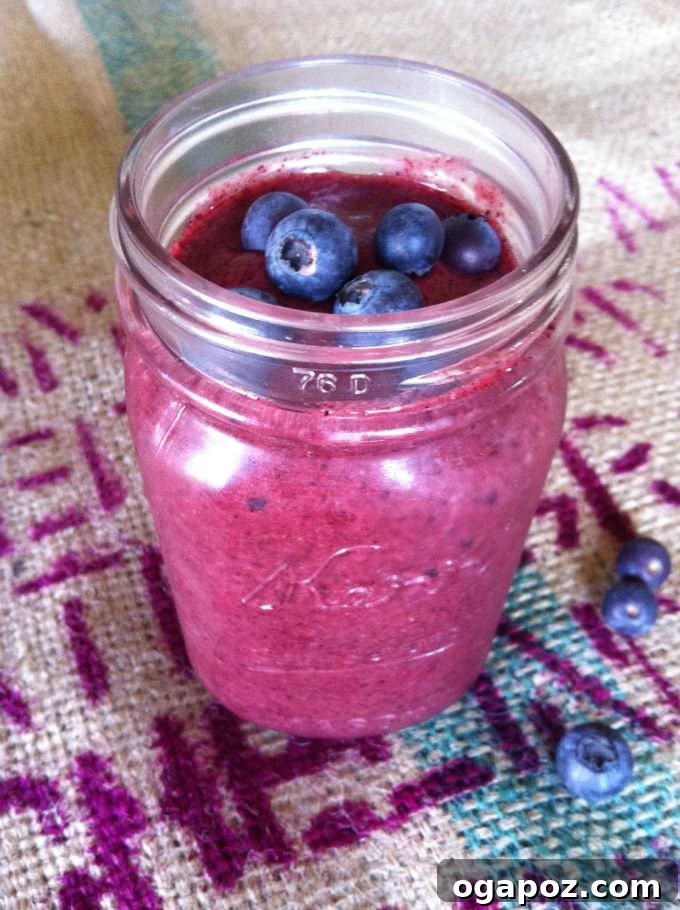 9 Amazing Blueberry Superfood Smoothies 5 A vibrant Pomegranate Blueberry Banana Smoothie, garnished with fresh fruit, presenting a rich blend of colors and inviting texture in a clear glass.