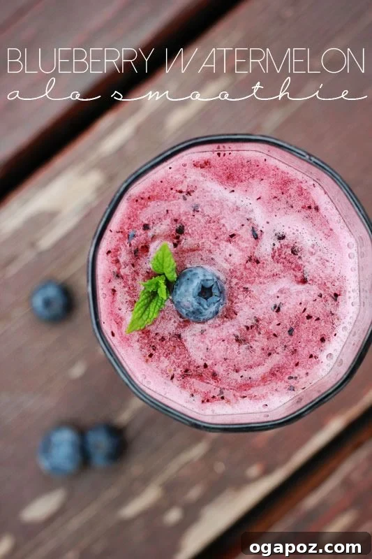 9 Amazing Blueberry Superfood Smoothies 10 A refreshingly vibrant Blueberry Watermelon ALO Smoothie, presenting a beautiful and enticing blend of colors, suggesting a light and hydrating drink.