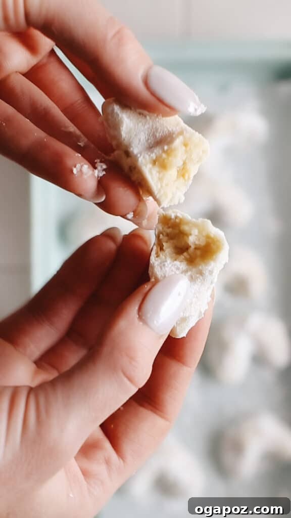 Snow Dusted Kourabiedes A Greek Christmas Classic 12 A freshly baked Kourabiedes cookie, generously dusted with pristine powdered sugar, being delicately broken in half to reveal its tender, crumbly, almond-studded interior. This image perfectly illustrates the desired melt-in-your-mouth texture.