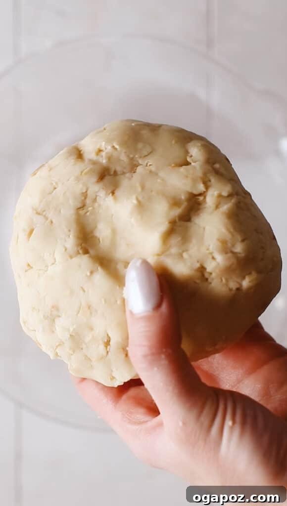 Snow Dusted Kourabiedes A Greek Christmas Classic 7 A hand holding a perfectly formed ball of Kourabiedes dough, showcasing its smooth and pliable texture, ready to be shaped into crescents for baking. This demonstrates the ideal consistency achieved through the recipe's method.
