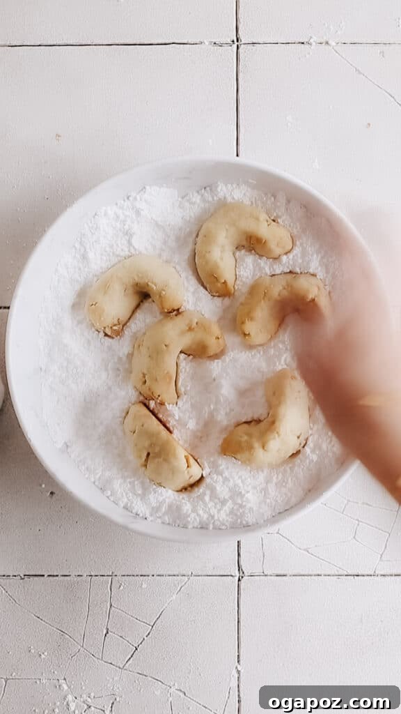 Snow Dusted Kourabiedes A Greek Christmas Classic 9 Baked Kourabiedes being carefully added to a shallow bowl filled with an abundant amount of powdered sugar for the essential first dusting, a key step in achieving their signature sweet coating.
