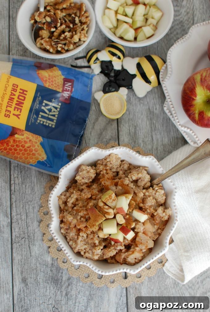 Overnight Apple Pie Steel Cut Oatmeal 5 Tate+Lyle Honey Granules next to a bowl of oatmeal