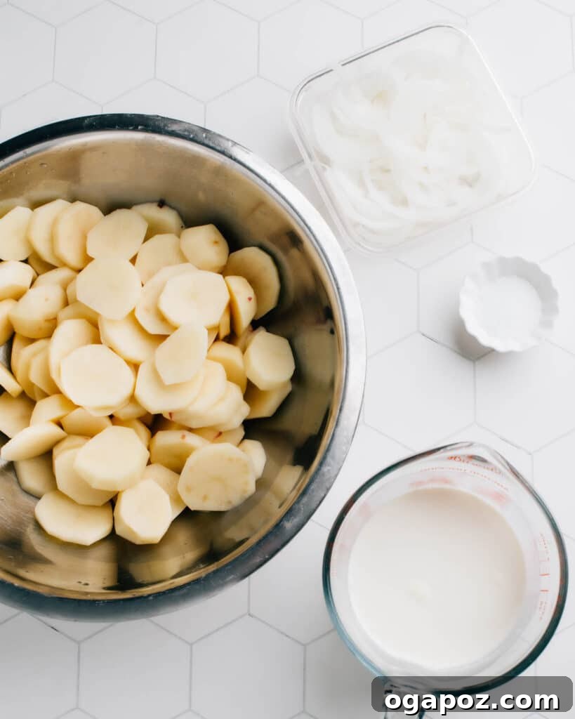 Comforting Gluten-Free Au Gratin Potatoes 3 All the necessary ingredients for gluten-free au gratin potatoes meticulously measured and arranged on a kitchen counter, ready for preparation.