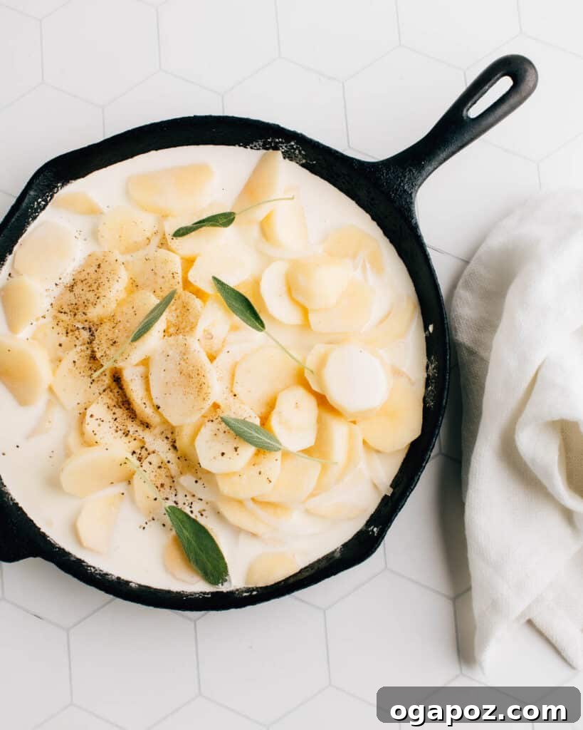 Comforting Gluten-Free Au Gratin Potatoes 5 A cast iron pan filled with layered gluten-free au gratin potatoes, simmering on the stovetop, before being moved to the oven.