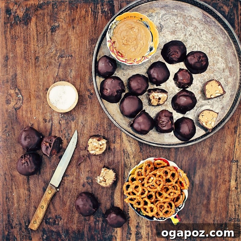 Effortless Chocolate Christmas Delights 18 Irresistible Chocolate Pretzel Peanut Butter Balls, coated in chocolate and sprinkled with pretzel pieces.