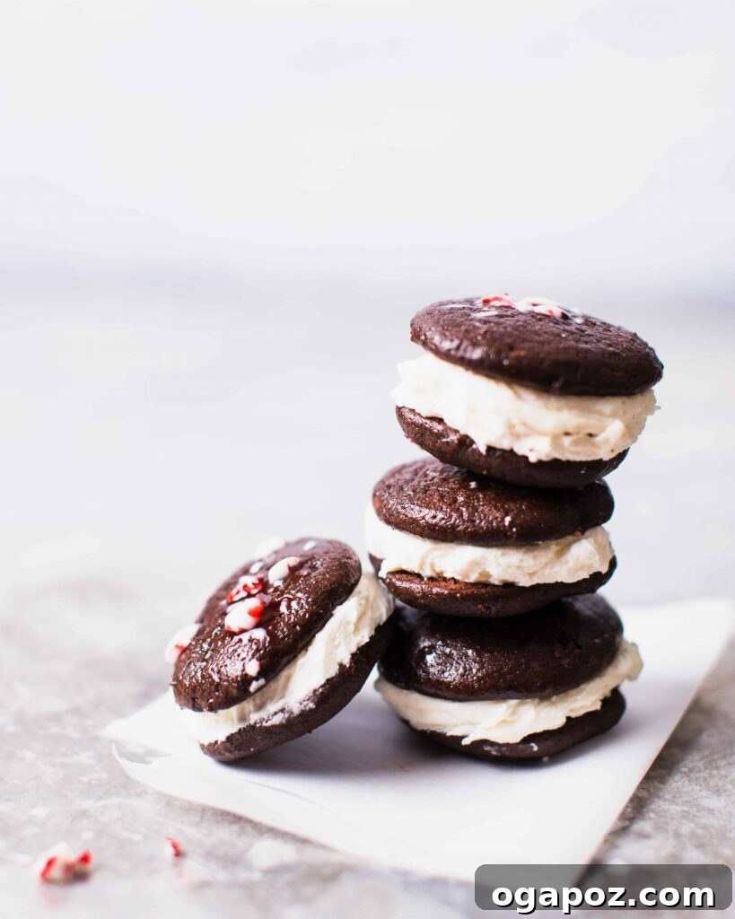 Effortless Chocolate Christmas Delights 22 A festive stack of Peppermint Whoopie Pies with creamy peppermint buttercream frosting.