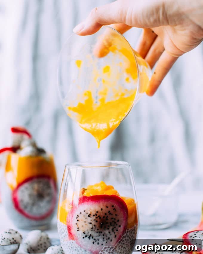 Tropical Mango Chia Delight 4 Ingredients laid out for mango chia pudding: coconut milk, chia seeds, maple syrup, vanilla extract, and mangoes.