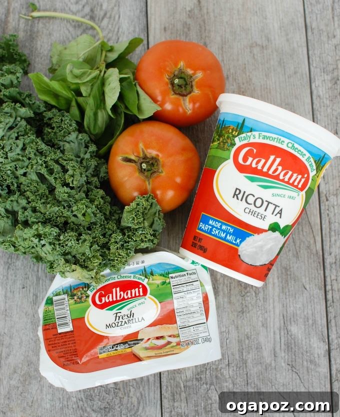 Lazy Lasagna Soup with Turkey and Kale 3 A selection of fresh ingredients laid out for Slow Cooker Turkey Kale Lasagna Soup, including kale, tomatoes, and herbs.