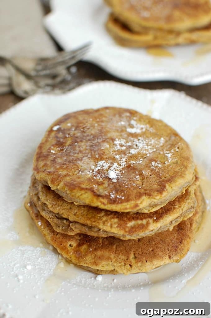 Autumn's Pumpkin Spice Stacks 2 Delicious stack of Pumpkin Pie Pancakes with syrup and powdered sugar