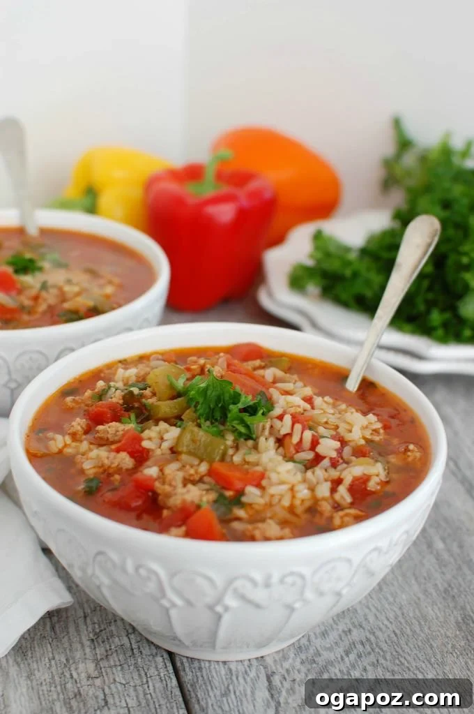 A steaming bowl of Slow Cooker Stuffed Pepper Soup, garnished with fresh herbs.
