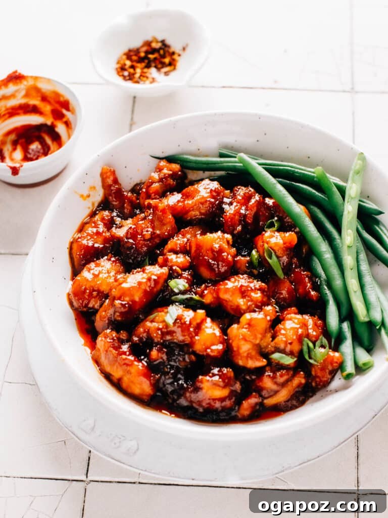 Gochujang chicken and vibrant green beans served in a shallow bowl, ready to be enjoyed.