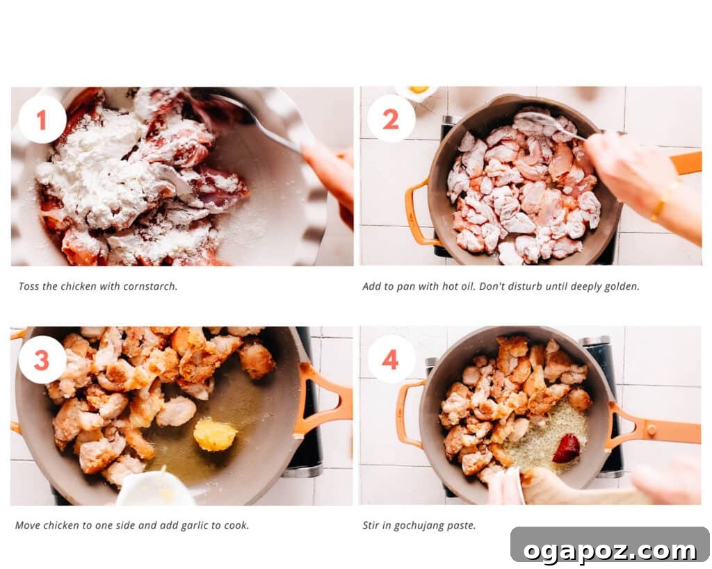 Visual steps for preparing Gochujang chicken, showing the initial stages of cooking.