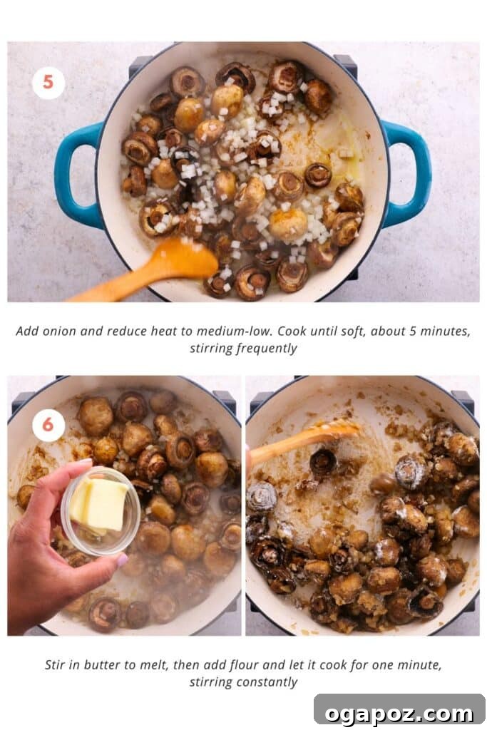 Wild Mushroom Pappardelle 6 Onion is added and cooked until soft, about 5 minutes, with frequent stirring. Butter is stirred in to melt, and flour is added and cooked for one minute while stirring constantly.