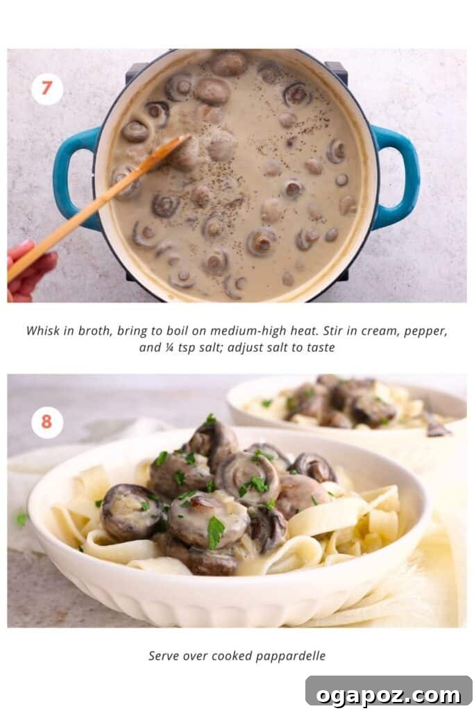Wild Mushroom Pappardelle 7 The mixture is brought to a boil after slowly streaming in the broth while whisking continuously to avoid lumps. Cream, pepper, and ¼ tsp more salt are added once it starts to thicken.