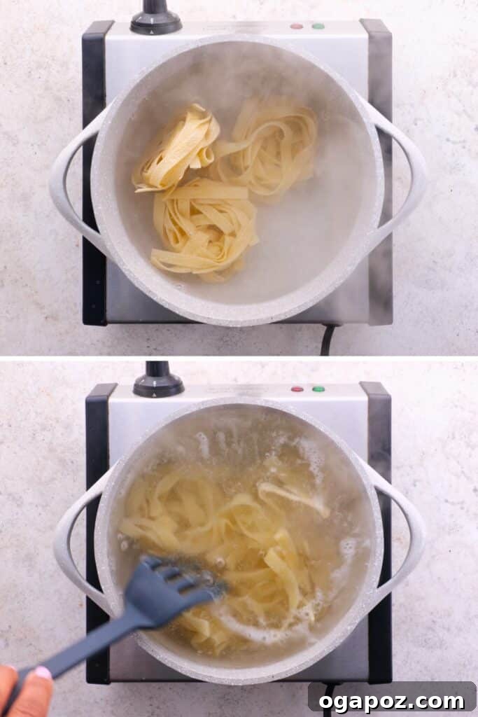 Wild Mushroom Pappardelle 9 The pappardelle pasta is cooked in boiling salted water until al dente