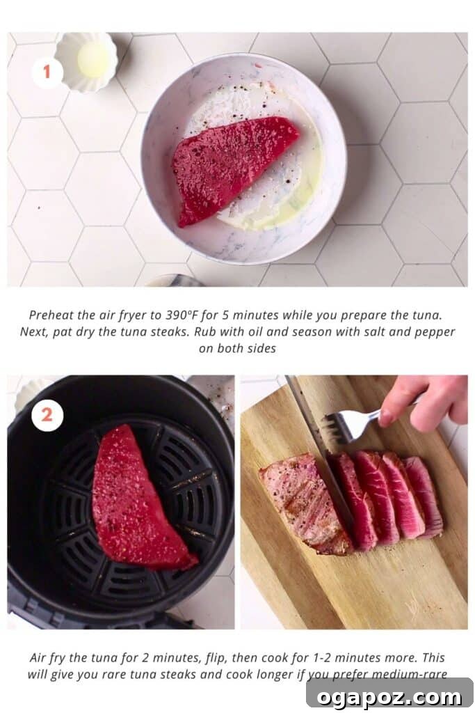 Flawless Air Fryer Tuna Steaks 4 Tuna steaks are seasoned with salt and pepper and rubbed with oil. They are air-fried for 2 minutes on one side, flipped, and cooked for an additional 1-2 minutes to achieve rare doneness. The edges will be grey and not pink.