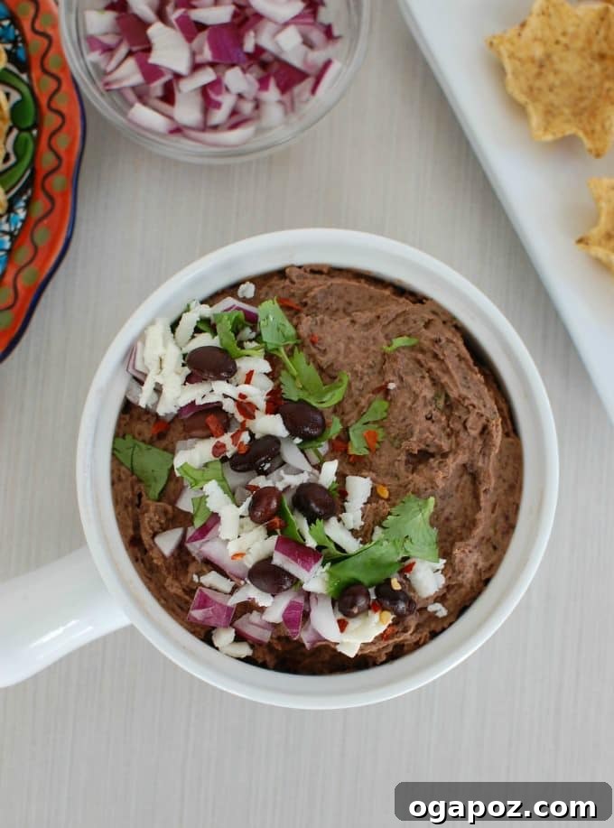 Black Bean Dip with Queso Fresco garnished with red onion and cilantro