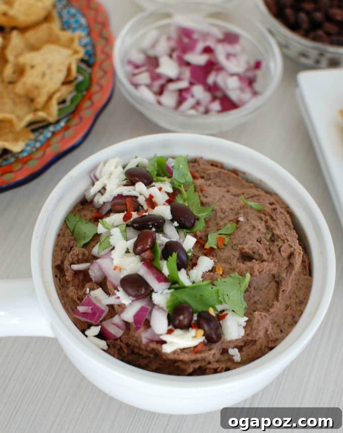 Close-up of Black Bean Dip with fresh garnishes