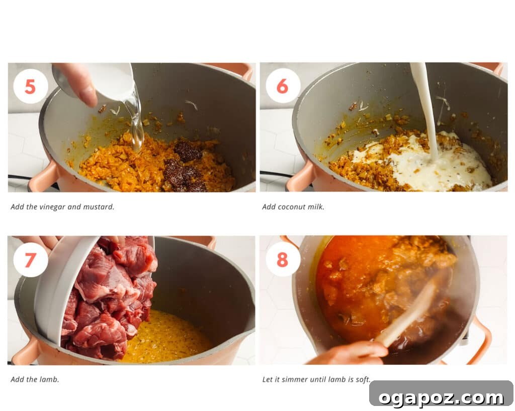 Fiery Goan Lamb 4 Four images showing the latter steps of making lamb vindaloo: adding lamb to the pot, simmering the curry, the finished vindaloo in a serving bowl, and finally garnished with cilantro.