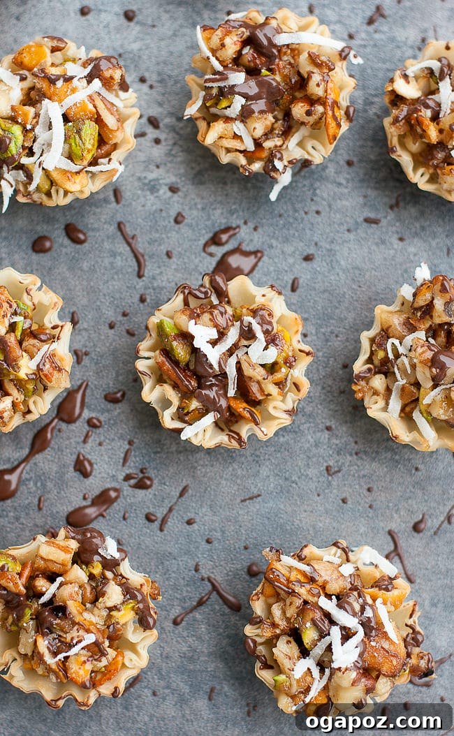 Thanksgiving's Sweetest Sixteen: Irresistible Dessert Ideas 3 Decadent Chocolate Coconut No-Bake Baklava Bites – a unique Thanksgiving dessert with phyllo pastry, chocolate, and coconut.