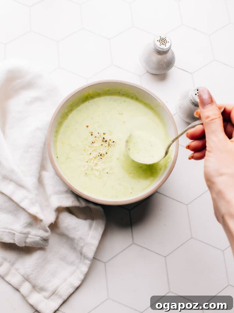 Velvety Potato Zucchini Puree 2 Bowl of creamy potato zucchini soup, garnished with fresh herbs or a swirl of cream.