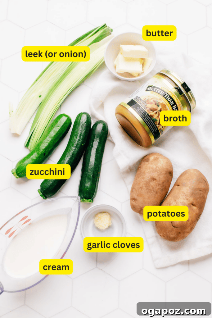 Velvety Potato Zucchini Puree 3 Fresh ingredients for potato zucchini soup laid out on a clean kitchen countertop.