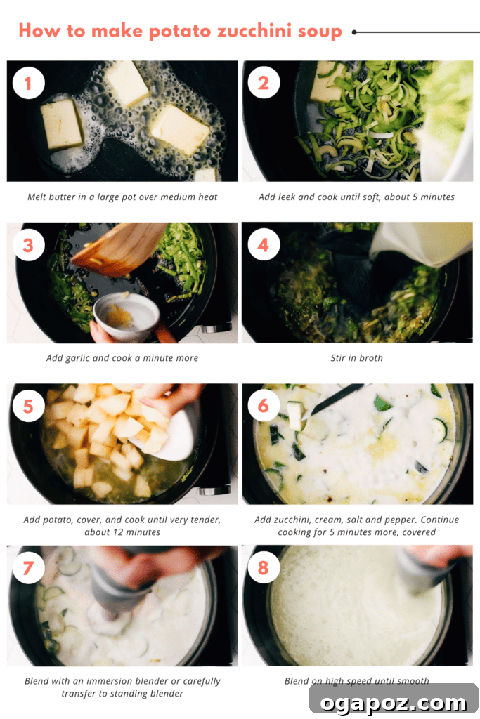 Velvety Potato Zucchini Puree 4 A visual collage of step-by-step instructions for preparing homemade potato zucchini soup.