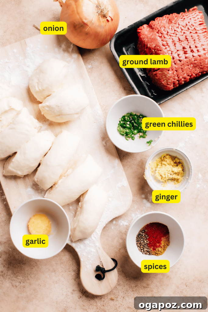 Spiced Keema Naan: Pillowy Flatbreads Bursting with Flavor 3 A vibrant selection of ingredients for keema naan, including fresh dough, diced onion, green chillies, ginger, garlic, and ground lamb, neatly arranged for preparation.