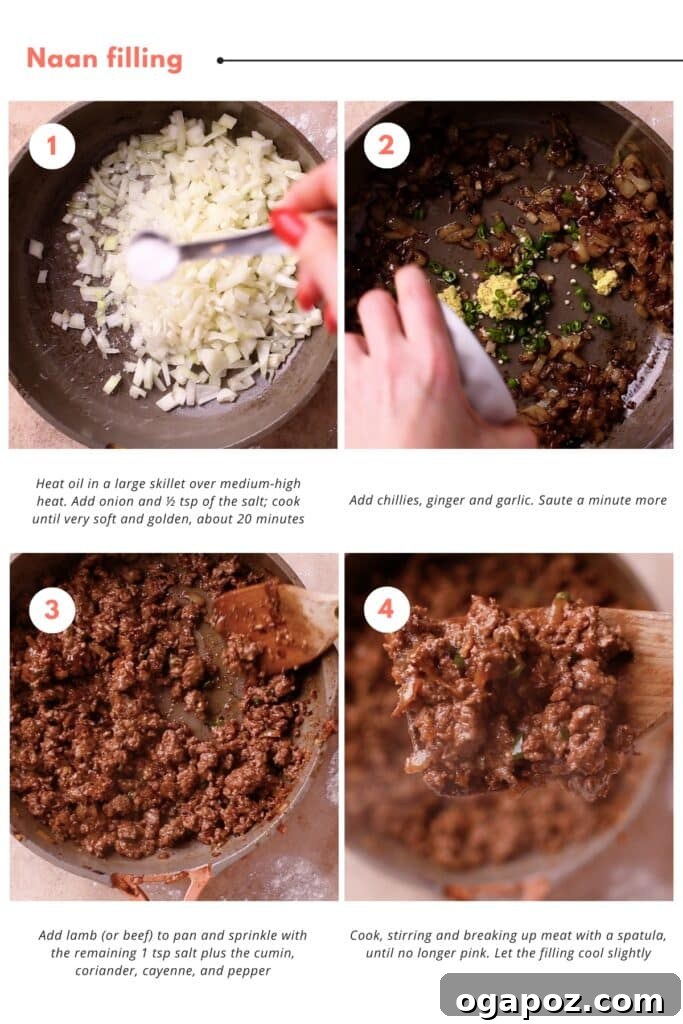 Spiced Keema Naan: Pillowy Flatbreads Bursting with Flavor 5 Step-by-step photo instructions illustrating how to prepare a delicious keema naan filling with minced meat, caramelized onions, and fragrant Indian spices.