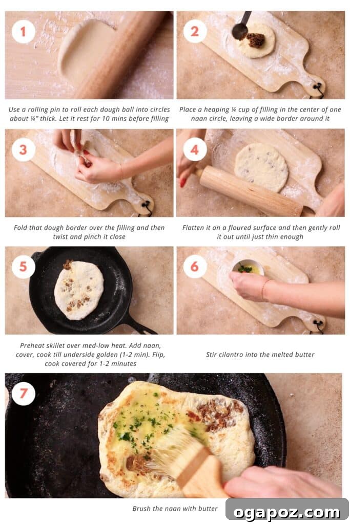 Spiced Keema Naan: Pillowy Flatbreads Bursting with Flavor 6 Step-by-step photo instructions for assembling and cooking keema naan, from filling the dough with spiced meat to achieving a perfectly golden finish on a cast iron skillet.