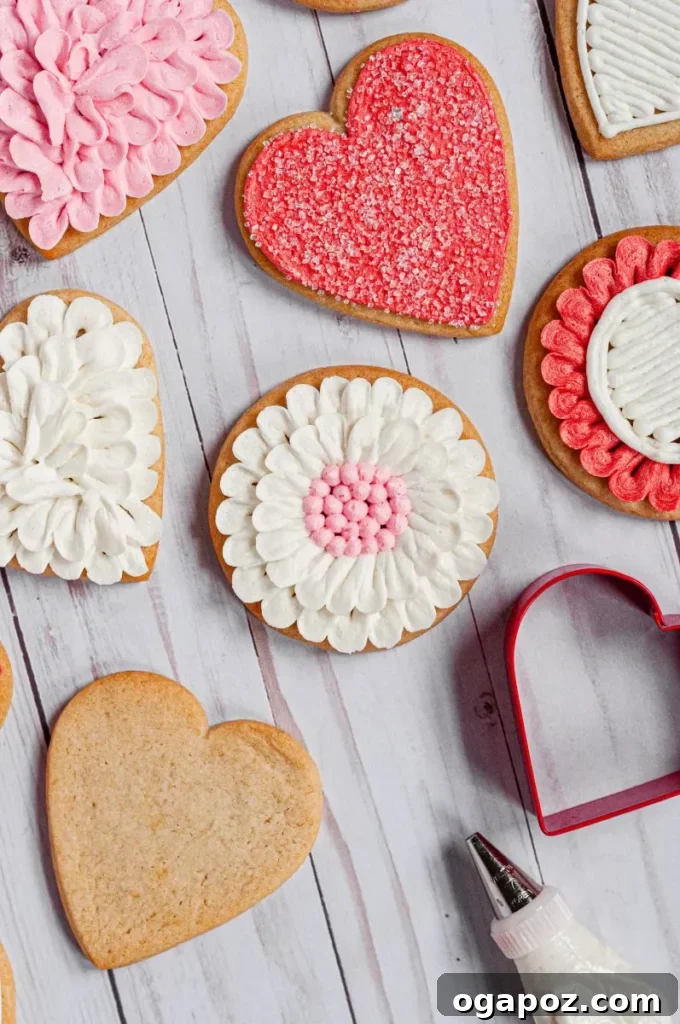 Sweetheart Sugar Cookies Effortless Valentine's Delights 13 decorated honey sugar cookies with cookie cutter and piping bag