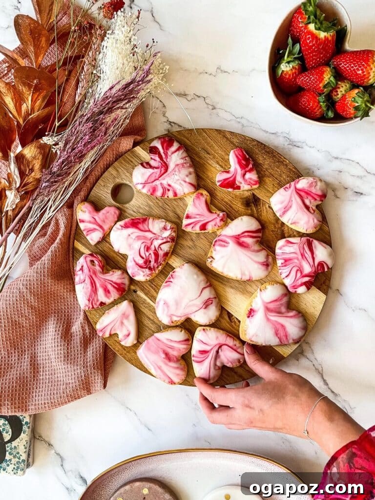 Sweetheart Sugar Cookies Effortless Valentine's Delights 5 marbled sugar cookies on a round kitchen board