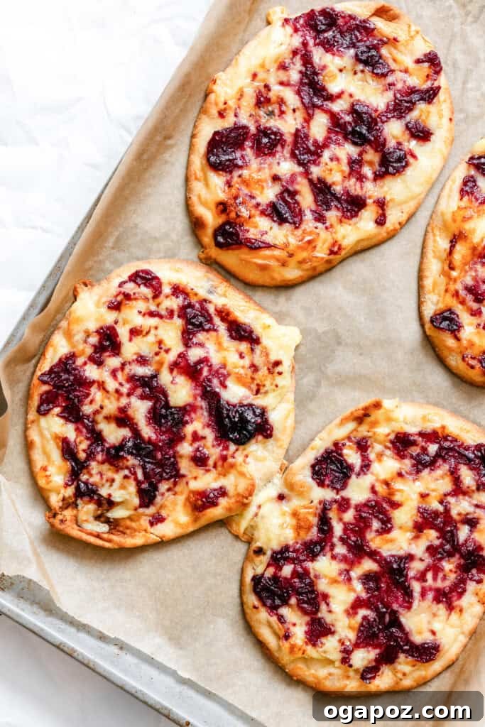Sweet and Tart Brie Cranberry Naan 12 Baked warm brie cranberry naan bread with melted brie and sauce