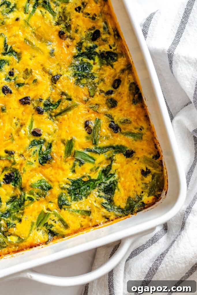 Tex-Mex Black Bean Egg Casserole with Zesty Verde 2 A beautifully baked Cheesy Black Bean Egg Bake in a white ceramic dish, ready to be served.