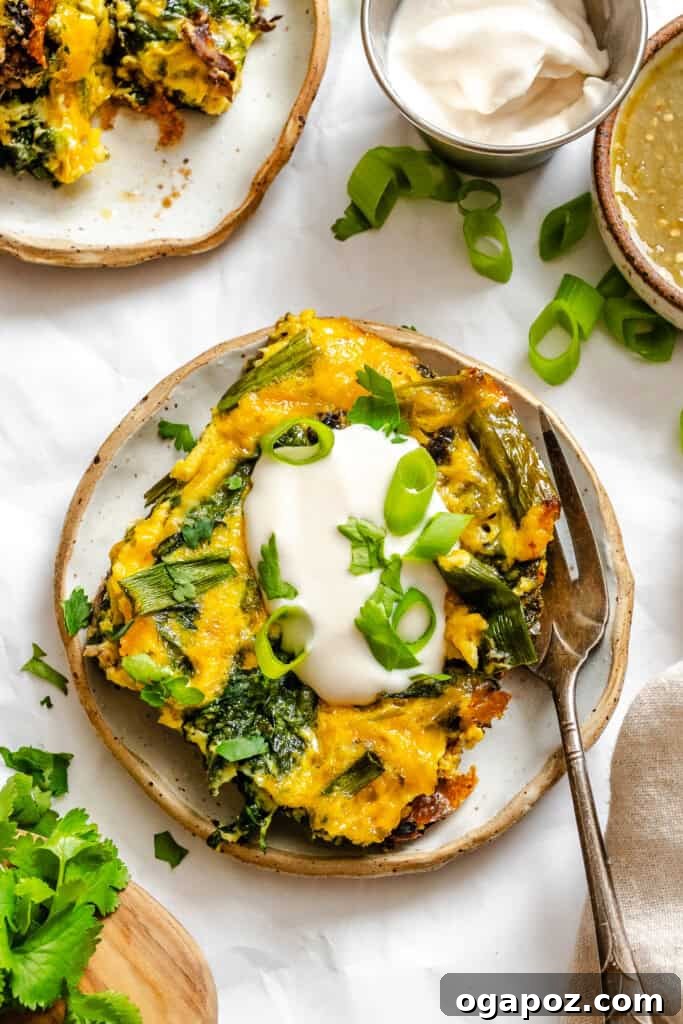 Tex-Mex Black Bean Egg Casserole with Zesty Verde 6 A slice of Cheesy Black Bean Egg Bake on a plate with fresh cilantro garnish.
