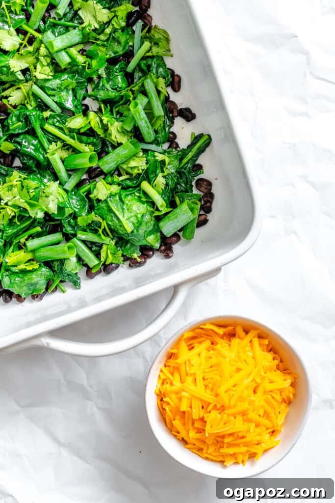 Tex-Mex Black Bean Egg Casserole with Zesty Verde 10 Black beans spread at the bottom of a baking dish, layered with spinach, green onions, and cilantro.