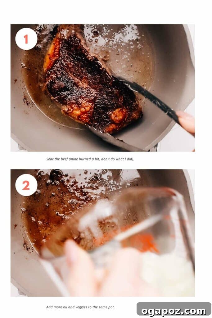 Grandma's Tender Beef and Vegetable Soup 4 Step-by-step image of searing beef and sautéing onions for beef vegetable soup.