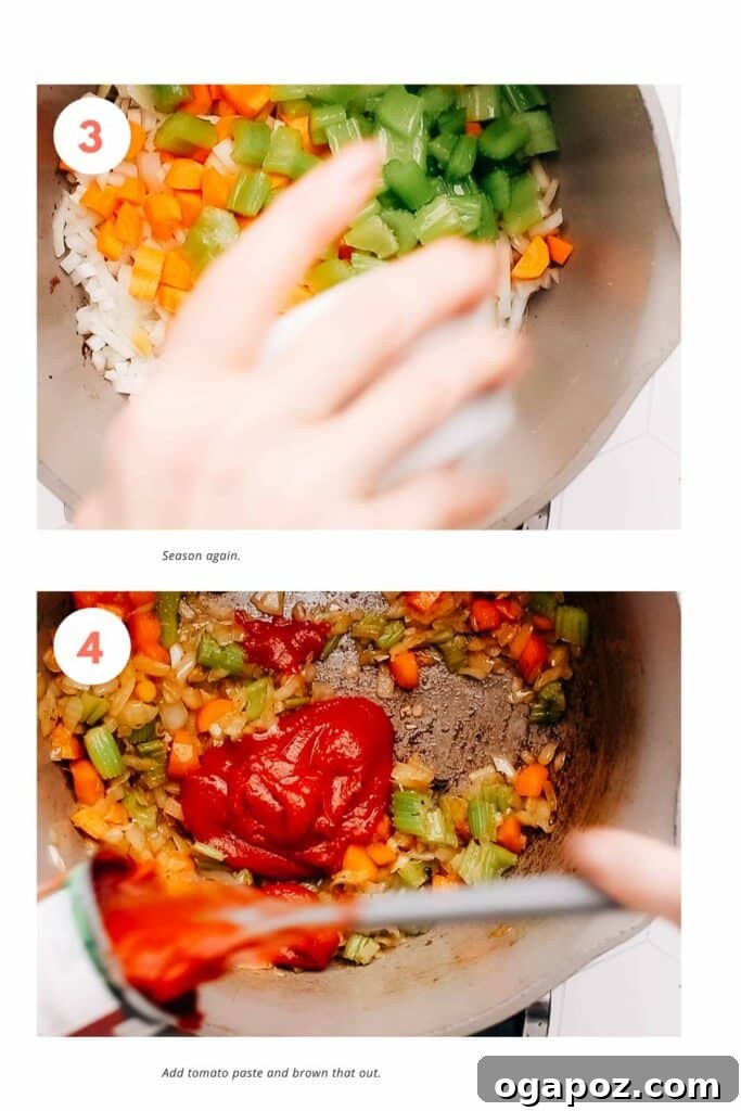 Grandma's Tender Beef and Vegetable Soup 5 Step-by-step image of sautéing vegetables and adding tomato paste for beef vegetable soup.