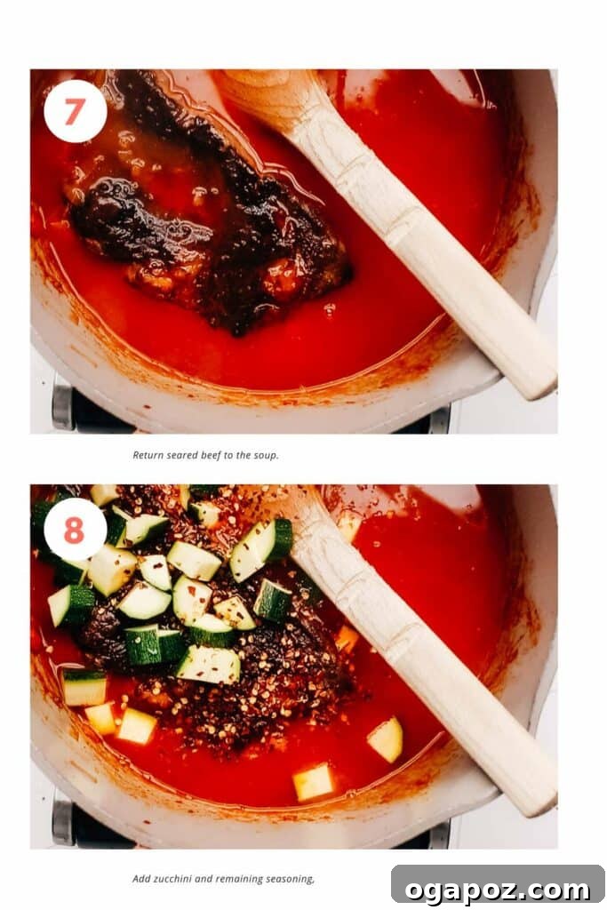 Grandma's Tender Beef and Vegetable Soup 7 Step-by-step image of adding remaining vegetables and liquid for beef vegetable soup before simmering.