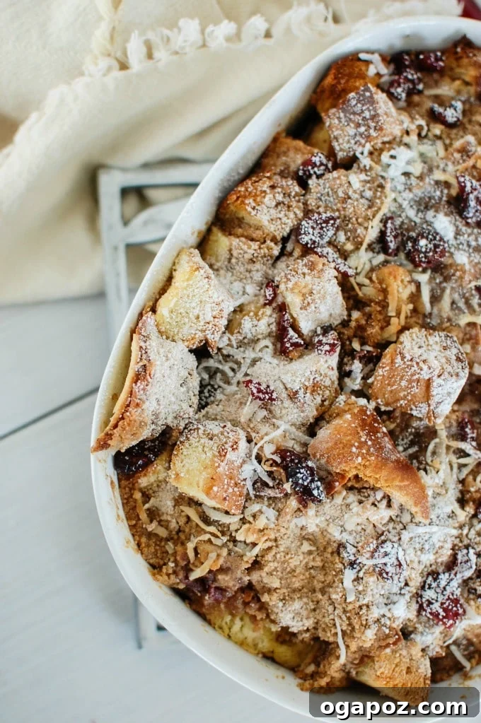 Baked Coconut Cranberry French Toast Delight 2 Delicious Overnight Cranberry Coconut French Toast Bake ready for serving on a festive table.