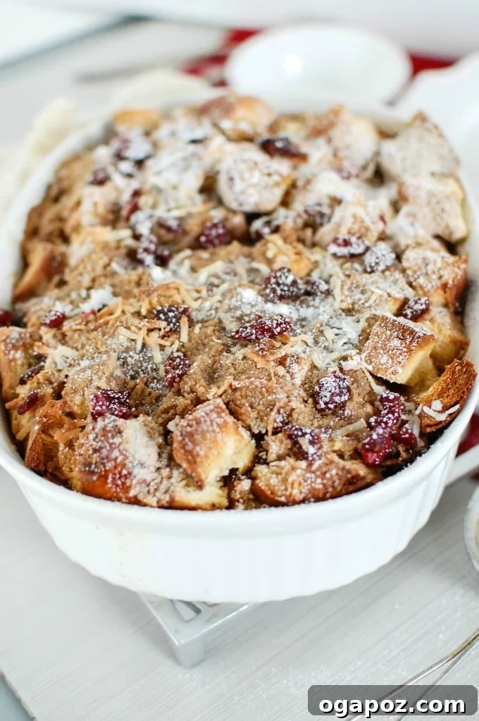 Baked Coconut Cranberry French Toast Delight 5 Close-up of baked Overnight Cranberry Coconut French Toast Bake, showcasing its delicious texture.