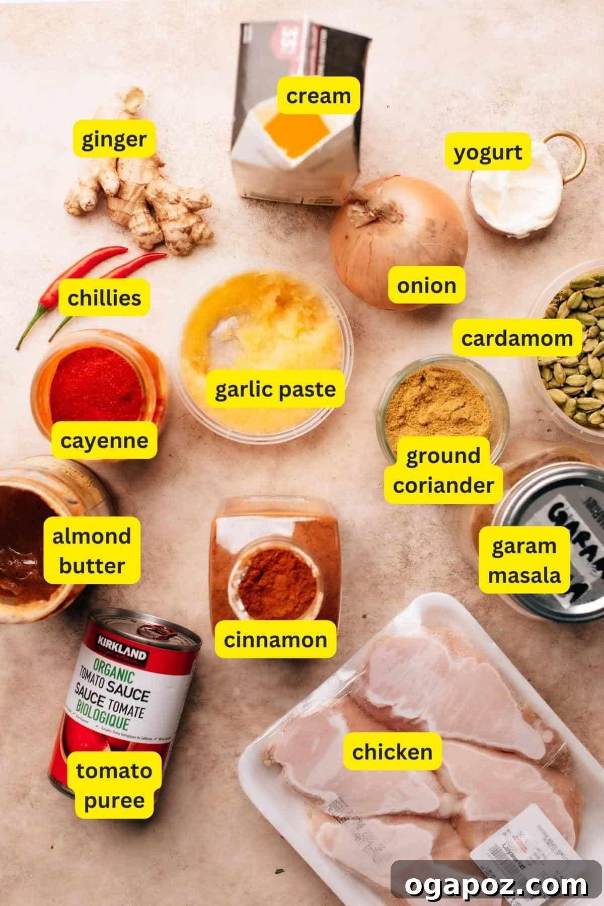 Royal Chicken Korma 3 Ingredients for Chicken korma are laid out on a kitchen counter top