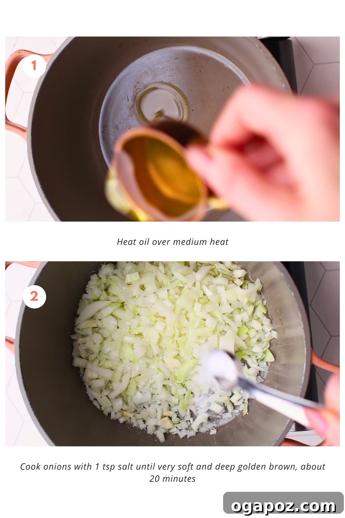 Royal Chicken Korma 4 Onions being cooked in oil over medium heat until soft and golden brown, with 1 tsp salt added for flavor enhancement.