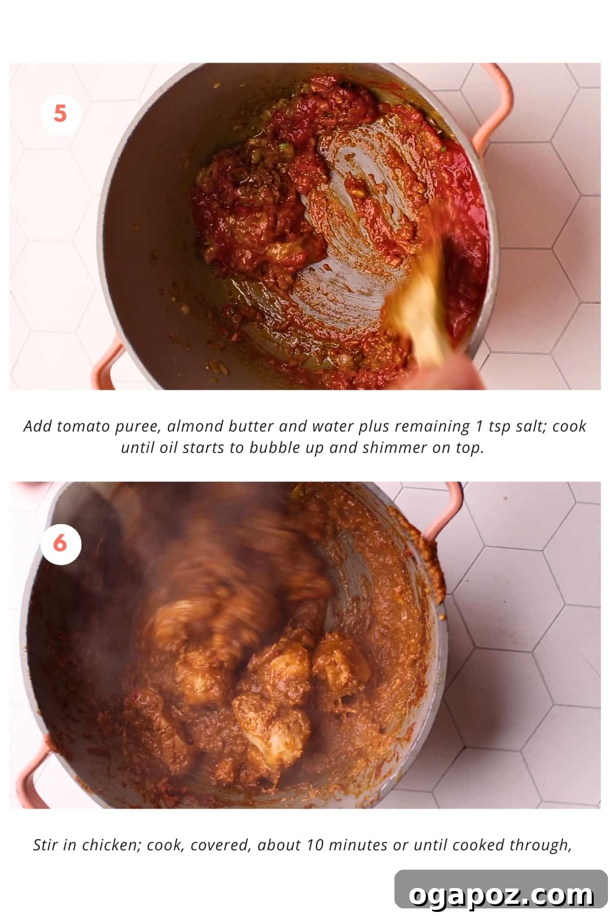 Royal Chicken Korma 6 The chicken has been added to the sauce, which consists of tomato puree, almond butter, and water, as well as the remaining 1 tsp salt. It is being cooked covered for about 10 minutes or until cooked through.