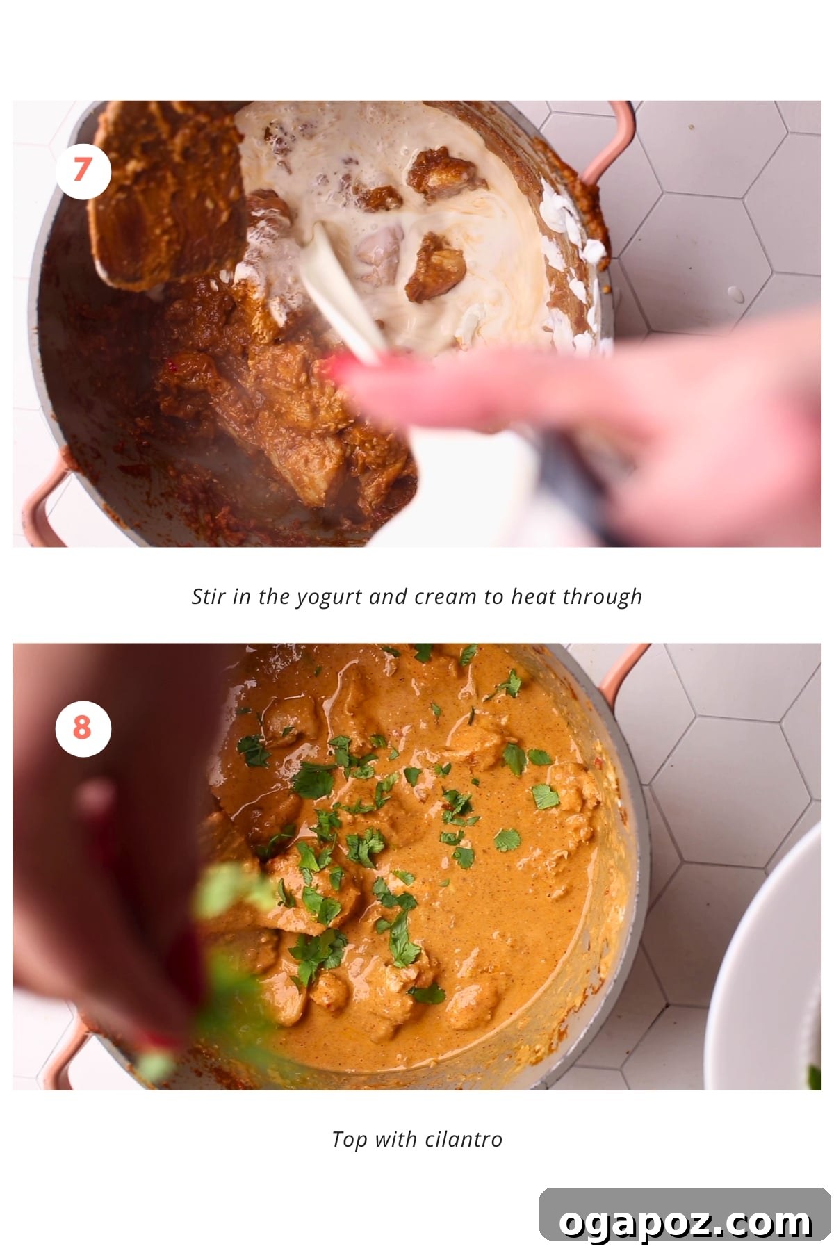 Royal Chicken Korma 7 The dish is ready and the final touches are being added. Yogurt and cream are stirred in to heat through, and the chicken korma is then topped with fresh cilantro.