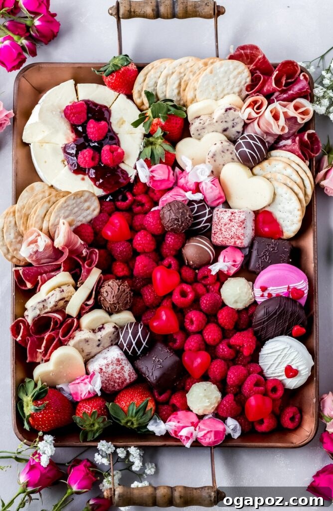 14+ Effortless Valentine's Day Family Feasts 20 An elaborate Valentine's Day charcuterie board, beautifully arranged with meats, cheeses, fresh fruits, and chocolates.