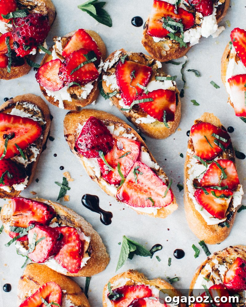 14+ Effortless Valentine's Day Family Feasts 16 Crunchy crostini elegantly topped with sliced strawberries and fresh goat cheese.