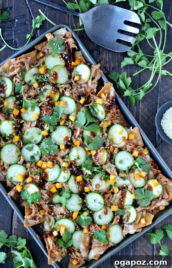 15 Easy Game Day Nachos Crowd Favorites 13 Top view of pulled chicken nachos with a serving spoon, an Asian-inspired twist.